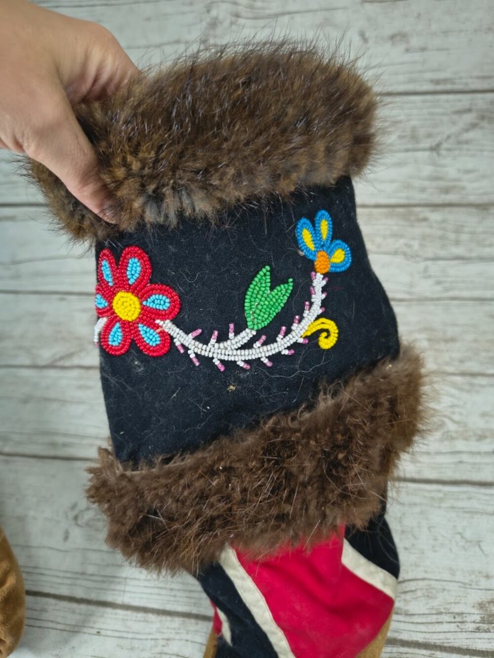 Handmade Native American Beaded Fur Mocassin Boots - Picture 3 of 11